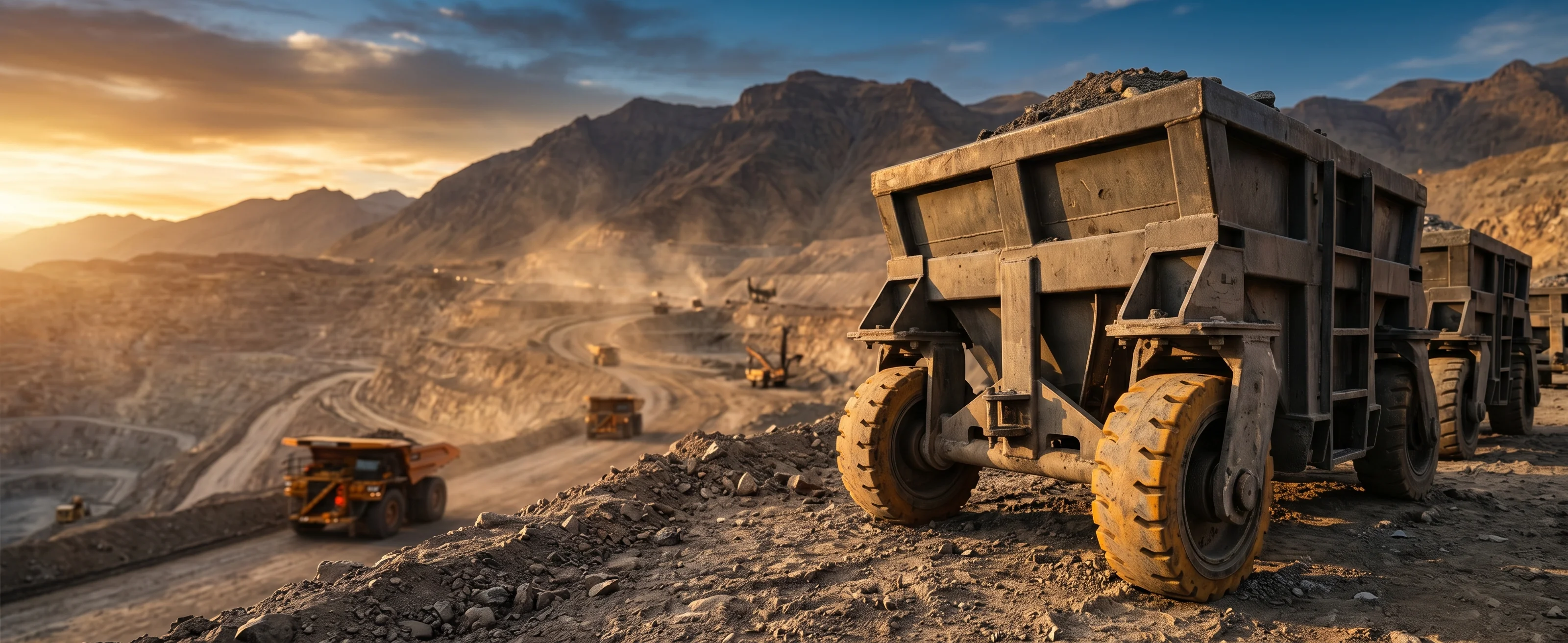 Camiones de minería en faena industrial al atardecer