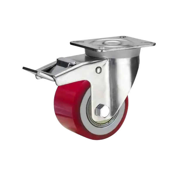 Rueda PU Rojo Núcleo Hierro Fundido Placa Giratoria Freno 80 mm