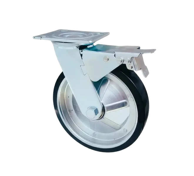 Rueda CONICA 200mm Goma Maciza Acero Placa Giratoria Freno