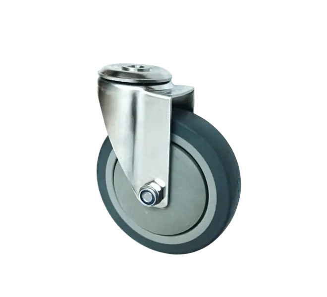 Rueda Goma TPR 125 mm Acero Inox 304 Buje Pasante Placa Giratoria