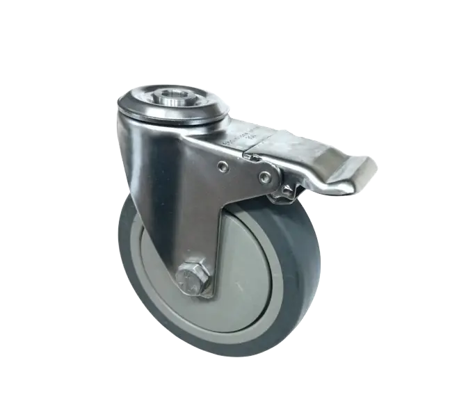 Rueda Goma TPR 125 mm Acero Inox 304 Perno Pasante M10 Giratoria Freno